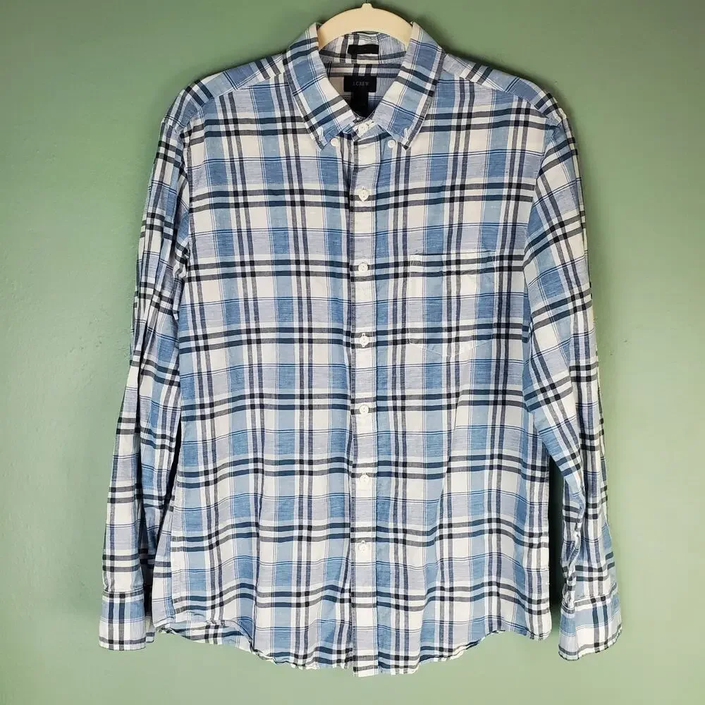 J. Crew Slim End-On-End Linen Blend Plaid Long Sleeve Button Down Shirt Sz Large